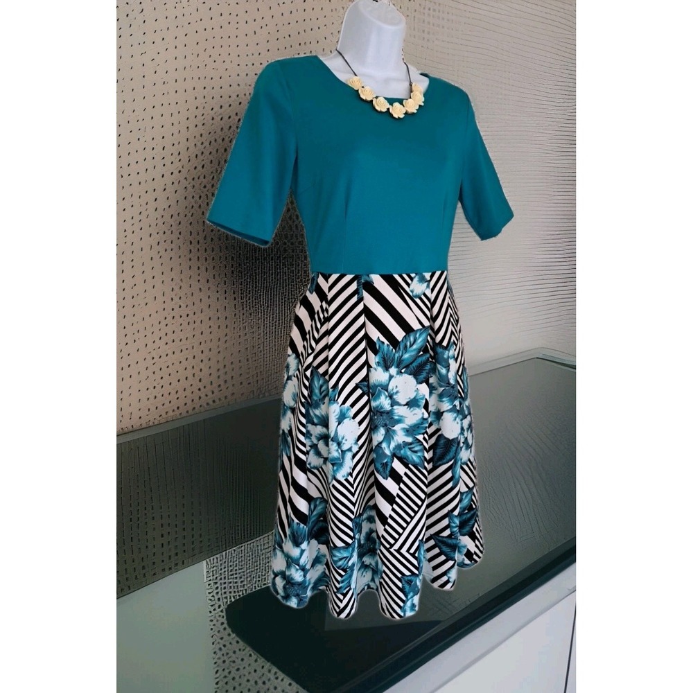 Oxiuly Fashion Dress S Teal‎ Black Floral Fit n Flare Short Sleeve Zip Tropical